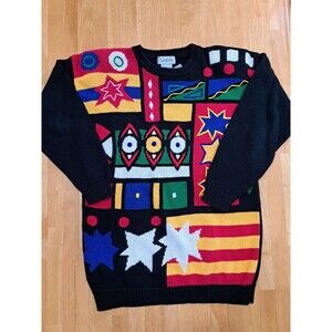 VTG '90s Santoria Primary Colors Geometric Knit Sweater Funky Abstract Women's S